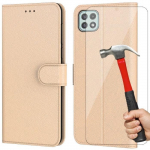 Coque et Verres Tremp&eacute;s - Samsung - A22 5G - Dor&eacute; - Anti Rayure - Effet Cuir