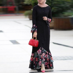Naiste moe lilleline lapit&ouml;&ouml; Dubai Abaya varrukatega maapikkus Araabia moslemi islami kleit S~5XL XL punane