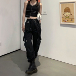 Cargo Pants Women Harajuku mustad k&otilde;rge v&ouml;&ouml;kohaga p&uuml;ksid Hipi t&auml;navar&otilde;ivad S must