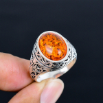 Vintage 925 Sterling H&otilde;bedast Merevaigust S&otilde;rmus Meestele Suur Ovaalne Balti Merevaigust Kivi Keldi Filigraan Disain Retro Meeste Ehted 6