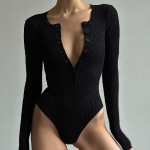 Spice Girl Waist Slim-fit American Onesie Seksikas madala l&otilde;ikega pikkade varrukatega Onesie naiste suvine moodne V-kaelusega aluss&auml;rk M must