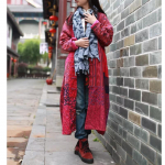 Johnature Women Print lillelised Trench Vintage mantlid S&uuml;gisalused pikkade varrukatega lahtised mantlid XL punane
