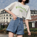 Suvised naiste k&otilde;rge v&ouml;&ouml;koha n&ouml;&ouml;biga laia s&auml;&auml;rega teksad l&uuml;hikesed p&uuml;ksid vabaaja naiste vabad sinised teksap&uuml;ksid S helesinine v&auml;rv