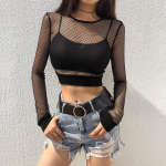 Seksikas Black Hollow Out v&otilde;rguga T-s&auml;rk Naiste Skinny Crop Top New Mood Suvised Basic Topid Naiste V&otilde;rks&auml;rk S must