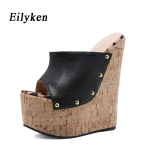 Eilyken New Fashion Rivet Design Naiste Peep Toe Platform Wedge Sussid Mustad Suvekingad Seksikad Super Naiste Kontsad Sandaalid 38 must