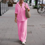 (Qunide) Naiste mood vabaaja suvine &uuml;hev&auml;rviline rev&auml;&auml;r pikkade varrukatega s&auml;rk, elastne v&ouml;&ouml;koht &uuml;heksa punktiga p&uuml;ksid Kaheosaline &uuml;likond S roosa