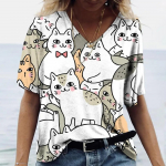 Cartoon Kitten Naiste T-s&auml;rk Harajuku riided Suvised V-kaelusega t&uuml;drukud Pullover Puuvillane l&uuml;hikeste varrukatega T-s&auml;rgid Naiste vabaaja t&auml;navar&otilde;ivad L