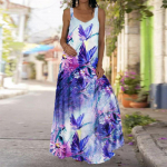 Naiste libisemiskleit Maxi pikk kleit lilla liblikas printiga kleit kevad-suvi V-kaelusega vaba aja veetmiseks XS sinine