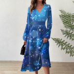 Naiste s&uuml;gis- ja talvine vabaajamoe V-kaelusega pikkade varrukatega j&otilde;ulutr&uuml;kiga pikk kleit XL sinine