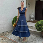 Patchwork Tutt kihiline V-kaelusega varrukateta naiste maksikleit suvine rannanaise A-kujuline p&uuml;hade peomantel S