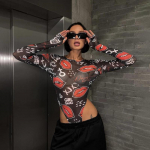 Y2K v&uuml;rtsikas t&uuml;drukutirtsuga kitsa printiga salendav pikkade varrukatega kombinesoon naistele S must