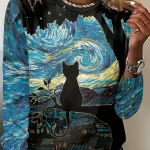 Cat & Starry Print Crew kaelusega T-s&auml;rk, vabaaja pikkade varrukatega s&auml;rk kevadeks ja s&uuml;giseks, naiste riided S