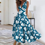 Naiste pikk kleit Maxi kleit vabaaja kleit Suvine vabaaja varrukateta V-kaelusega Boho v&ouml;&ouml;koha tagasit&otilde;mbega kleit tr&uuml;kiga L sinine