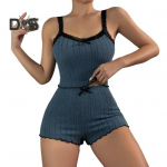 2 tk/komplekt Naiste suvine pidžaama &uuml;likond Shirring Edge varrukateta seljata k&auml;rbitud &uuml;laosa pitsist vibudekoratsiooniga K&otilde;rge v&ouml;&ouml;kohaga mini l&uuml;hikesed p&uuml;ksid igap&auml;evane &ouml;&ouml;s&auml;rk Slim Fit magamisriided S kollane