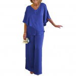 Naiste suvised kaheosalised r&otilde;ivad V-kaelusega ebaregulaarse kihiga &uuml;laosaga laia s&auml;&auml;rega p&uuml;kste komplekt vabaaja avar salongi&uuml;likond L sinine