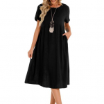 Naiste kleit &uuml;mara kaelusega l&uuml;hikeste varrukatega p&otilde;lvepikkuses &uuml;hev&auml;rviline taskutega kleit vaba l&otilde;ikega suvekleit S must