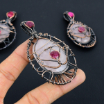 EvilEye Rose Quartz, Ruby Handmade Copper Wire Wrap Pendant 3.19 f4j88