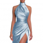 Naiste ballikleit, kaelus, kaelus &otilde;lgadest, varrukateta satiinist &otilde;htukleit, &otilde;huke istuvus, plisseeritud &uuml;hev&auml;rviline, k&otilde;rge l&otilde;hega p&otilde;randapikkusega maksikleit XS oranž