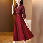 Punane pidulik v&ouml;&ouml;kohaga V-kaelusega keskmise pikkusega seelik s&uuml;gisene uus stiil noore ema kleit naistele 4XL