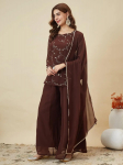 Naiste disaineri peokleit Georgette Kurta Palazzo Dupatta komplekt India Bollywoodi riietus XS kohv