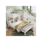 Lit superpos&eacute; - MUVOE - 90*200 cm + 140*200 cm - Bois massif - Blanc - Avec armoire valge