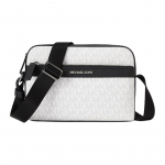 MICHAEL KORS Cooper br&auml;ndilogo tr&uuml;kitud lukuga, kunstnahast, &otilde;la-crossbody kott, meeste stiilis, valge mustaga must