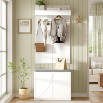 Riidepuu komplekt 3-in-1 komplekt &ndash; Riidepuu integreeritud 4 konksuga, kingakapp kahe uksega ja kingapink. Valge,60&times;35&times;(45+100)cm 60 x 35 x 145 cm valge