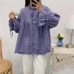 Johnature Ruffles Linased pitsilised naiste s&auml;rgid Topid Kevadsuvi Vintage Mori avara l&otilde;hikuga naiste pluusid One Size lilla