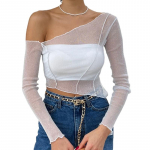 Naiste v&otilde;rkkangast k&auml;rbitud topid Seksikad l&auml;bipaistvad T-s&auml;rgid, pikkade varrukatega T-s&auml;rgid Punk kaldus &otilde;lgadega T-s&auml;rk Klubi t&auml;navar&otilde;ivad S valge