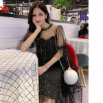 Kevadsuvi elegantsed naiste O-kaelusega t&auml;hed litritega v&otilde;rk, l&auml;ikiv haldjas kleit Naiste elegantne Bling marli printsessi puhvis kleidid L must