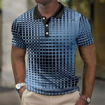 Meeste ruudumustriga 3D-printimise kujundusega polos&auml;rk, hingav suvine polos&auml;rk. 4XL sinine