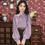 S&uuml;gisene vabaaja riided Hongkongi stiilis vintage soliidne pikkade varrukatega s&auml;rk Naiste topid Lilla pluus Blusas Elegantne 29832 S lilla