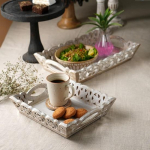 Pakis 2 Florida k&auml;sitsi valmistatud nikerdatud dekoratiivset serveerimisalus Mangopuidust MDF valge viimistlusega