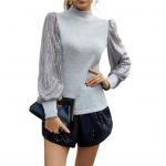 Naiste pikkade varrukatega topid, kaelus, litrid, puhvis varrukad, lapilised pluusid &uuml;hev&auml;rvilised, &otilde;hukesed vabaaja T-s&auml;rgid M hall