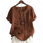 Naiste vabaaja puuvillane l&uuml;hikeste varrukatega pluus 11 v&auml;rvilise lilleprindi ja &uuml;mara kaelusega S kohv