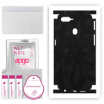 apgo kaitsev nahakleebis tagak&uuml;ljele ja k&uuml;lgedele, mis &uuml;hildub Oppo F9-ga (F9 Pro), T&auml;is&uuml;mbriskile, foolium, vin&uuml;&uuml;l &ndash; mustriga must kaamo