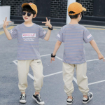 Poiste suve&uuml;likond laste triibuline kaheosaline &uuml;likond l&uuml;hikeste varrukatega k&auml;rbitud p&uuml;ksid, suvine korea versioon 110cm oranž