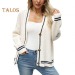 Naiste kampsun mantel V-kaelusega pikkade varrukatega, keerduva tekstuuriga kudumismantel Patchwork, v&auml;rvi &uuml;herealine, lahtiselt sobiv elastne kampsun v&auml;lisr&otilde;ivad S valge