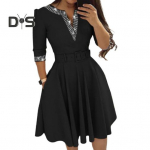 Elegantne naiste minikleit V-kaelusega 3/4 varrukatega Rhinestones l&uuml;hike kleit v&ouml;&ouml;taskutega Swing Hem peokleit S must