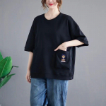 Puuvillane taskutikandiga pluus, &uuml;mar kaelus, suur suurus, lahtised k&otilde;hu&otilde;mblused, naiste T-s&auml;rk, l&uuml;hikesed varrukad 5XL must