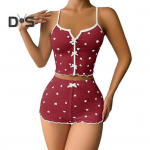 2 tk/komplekt Naiste Vest L&uuml;hikesed p&uuml;ksid &Uuml;likond Vibu S&uuml;dameprint Varrukateta V&ouml;&ouml;ga &uuml;laosa k&otilde;rge v&ouml;&ouml;kohaga l&uuml;hikesed p&uuml;ksid Koduriided Salongir&otilde;ivad Outfit Suvised magamisriided S veinipunane v&auml;rv