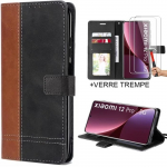 Coque pour xiaomi 12 pro avec 2 verres tremp&eacute;s, protection synth&eacute;cuir marron-noir bicolore