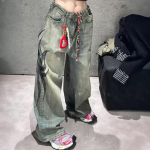ZYLLO Y2K Ameerika vintage kirju totemi mustriga baggy teksad naiste k&otilde;rge v&ouml;&ouml;kohaga laia s&auml;&auml;rega teksad naiste Harajuku trendikad hip-hopi teksad L roheline
