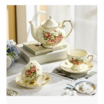Retro Roosiga Lilleline Kohvitass ja Alustassikomplekt - Keraamiline Teekann ja Teetass Kuldse &Auml;&auml;risega, Sobib Teapeo Kingitusteks ( 2 tassi ja 1 teekann) Rose tea set