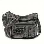 Vintage pestud teksist &otilde;lakott naistele, pehmest kangast vabaaja naistekott lukuga, &uuml;hev&auml;rviline kauboi stiilis crossbody kott must