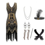 1920ndate vintage kleit Gatsby ballikleit raske p&auml;rlit&ouml;&ouml;tluse, litrite ja tuttidega, populaarne euroopa ja ameerika stiilis peokleit naistele Black Gold Seven-Piece Set XXXXL black