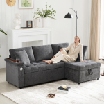 Moodne L-kujuline diivan v&auml;ljat&otilde;mmatava magamisfunktsiooniga diivanvoodi, panipaiga, USB-laadija, k&auml;etoe riiuli ja 2 padjaga, sobib elutuppa jne, Hall. 209 x 130 x 84 cm tumehall v&auml;rv