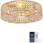 19-tollise s&uuml;vistatava ventilaator-valgusti kuldsete kristallidega, ABS-labadega, kahekordne juhtimine rakenduse ja puldiga, 6 kiirust, madalate lagedega ruumid 50 x 50 x 16.5 cm kuld