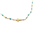 Les Tr&eacute;sors De Lily [R0222] - Collier cr&eacute;ateur acier 'Croix' turquoise dor&eacute; - 10x5 mm t&uuml;rkiissinine