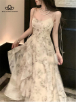 Spagetid rihmad volangidega kleit suvine naiste mood Elegantne Midi Print Vintage kleidid Naiste &otilde;hturiided Vestdios S beež